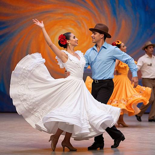 Photograph of a passionate flamenco dance couple; woman in white dress, red flower, brown boots; man in blue shirt, black pants, brown