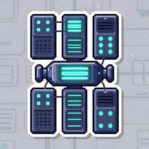 Digital illustration of six futuristic, black, rectangular panels with glowing blue lights and icons, arranged in a star-like pattern on a light blue, circuit-like