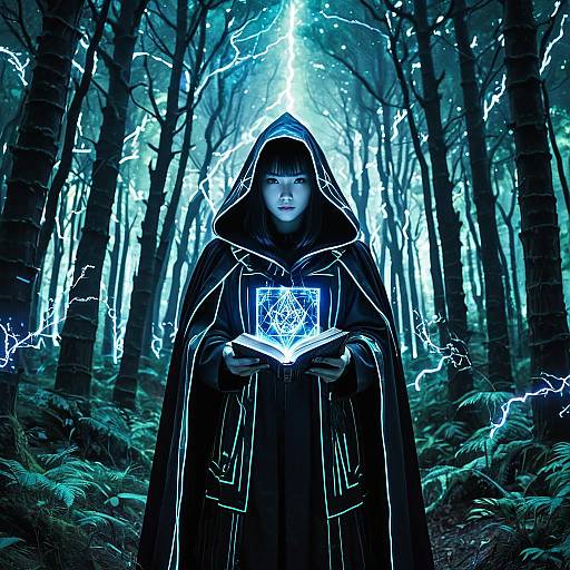 Cyber Witch with Electrified Magic Tome in Neon Forest