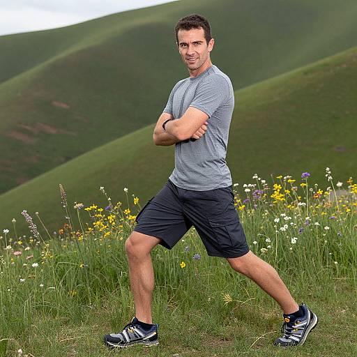 Photograph of a fit, smiling man with short dark hair, wearing a gray shirt, black shorts, and blue sneakers, standing in a grassy