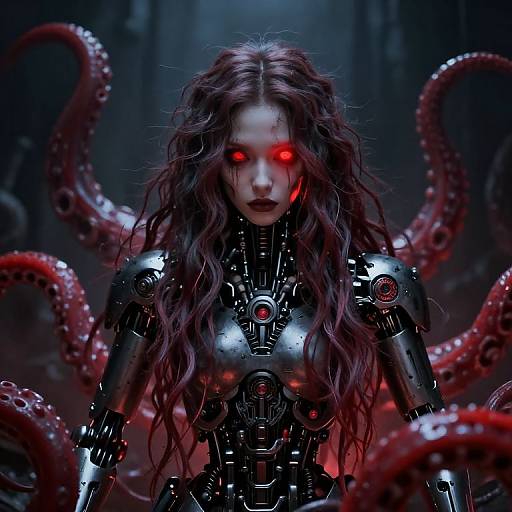 Digital art of a pale, red-eyed woman with long, wavy brown hair, wearing a black, robotic suit, surrounded by red, tentacle