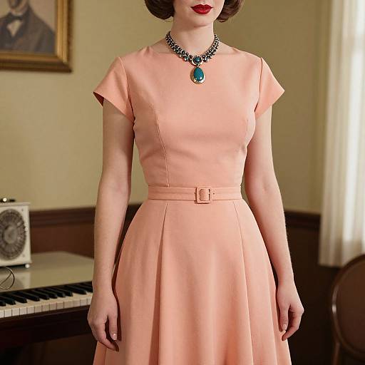 Photograph of a fair-skinned woman in a 1950s-style peach dress with short sleeves, a belted waist, red lipstick, and