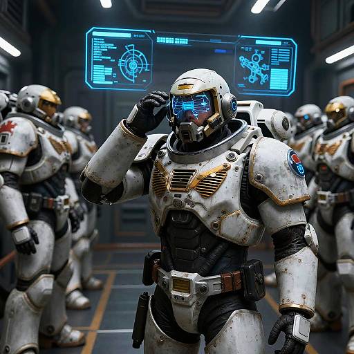 Space Marine Adjusting HUD Helmet in Armory