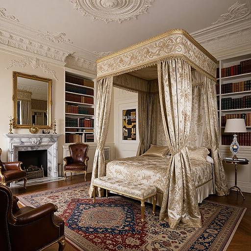 Elegant Victorian bedroom with ornate canopy bed, rich floral curtains, marble fireplace, bookshelves, patterned rug, leather chair, and intricate