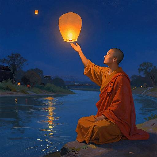 Tranquil Monk Releasing Lanterns