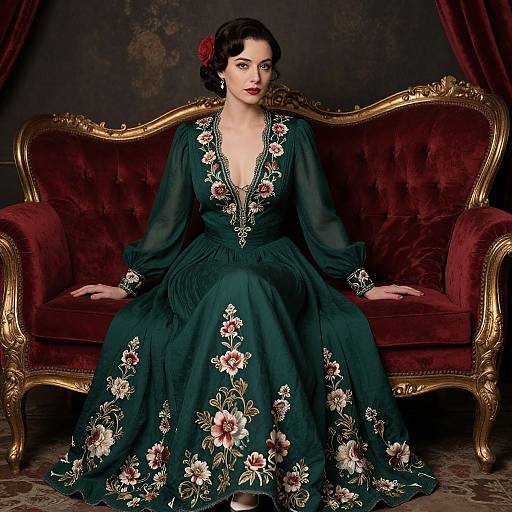 Elegant Woman on Vintage Velvet Chaise