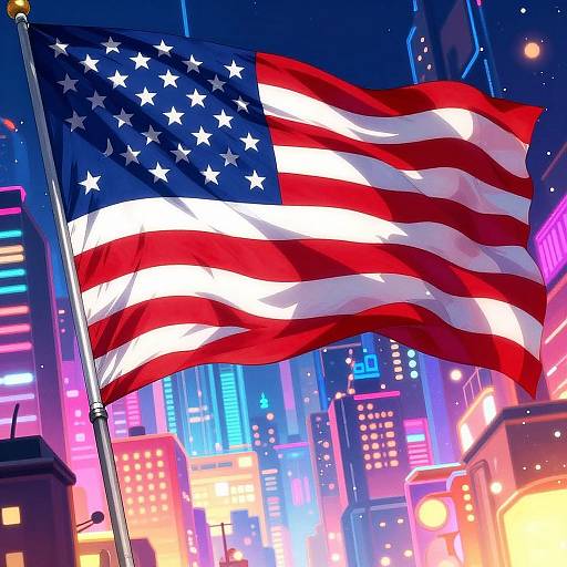 Anime American Flag in Vibrant Cityscape
