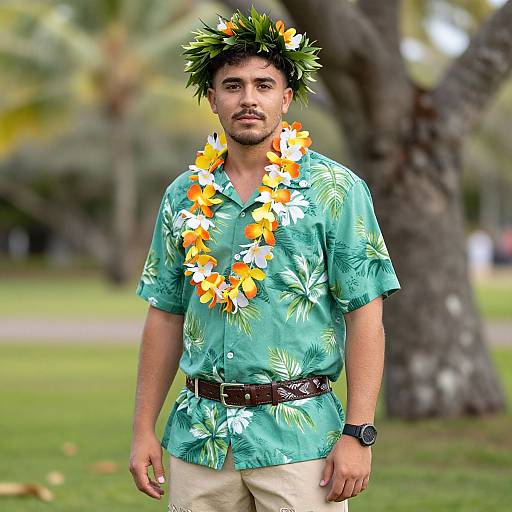 Photograph of a man with dark hair and beard, wearing a green Hawaiian shirt, flower lei, and leafy headpiece, standing in a park