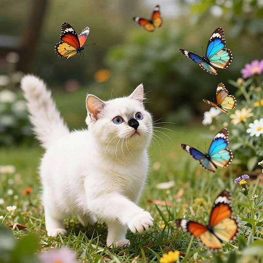 Playful White Cat Chasing Butterflies