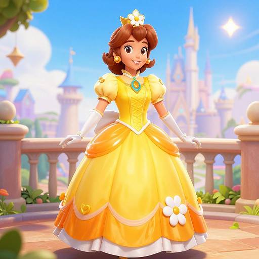 Digital illustration of Princess Daisy from Mario series, wearing a bright yellow ball gown with white flower accents, standing in a sunny, castle-filled garden.