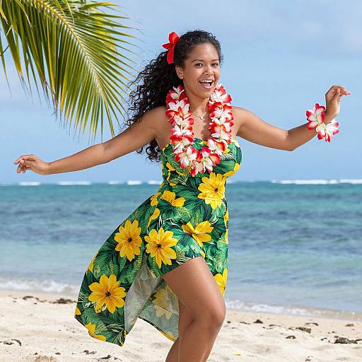 Photograph of a smiling, curly-haired woman with dark skin, wearing a green floral dress, sunflower lei, and hibiscus hairpin