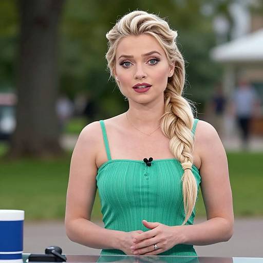 Photograph of a blonde woman with a side braid, wearing a green, ribbed, spaghetti-strap top, standing outdoors, hands clasped