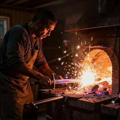 Photograph of a bearded blacksmith in a brown apron, wielding a glowing sword, sparking intensely as it strikes a fiery forge.