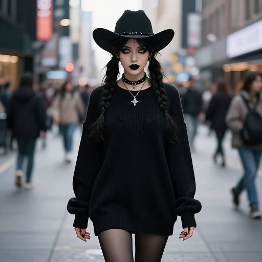 Gothic woman with black makeup, hat, and dress walks down a busy city street, blurred people in background, neon lights.