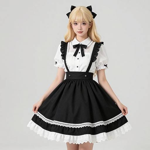 Digital illustration of a blonde girl in a black and white maid outfit with lace trim, black bow headband, and short sleeves. She stands against a