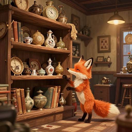 Photorealistic digital art: Adorable red fox with white underbelly and black-tipped ears, stands on hind legs, reaching for vintage china
