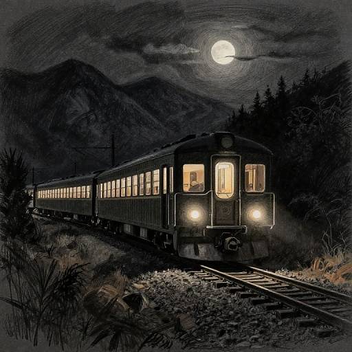 Nighttime illustration of a vintage train with glowing windows, headlights on, under a full moon, surrounded by dark forest and rocky tracks.