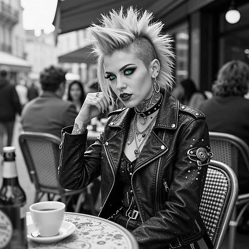 Black-and-white photograph of a punk-style woman with spiked blonde hair, dark lipstick, leather jacket, and multiple piercings, sitting at a café