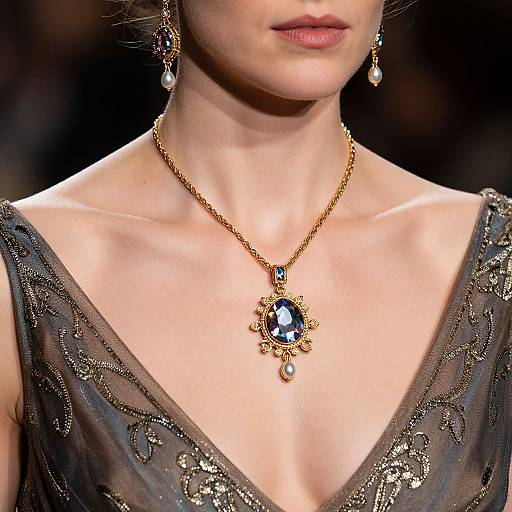 Photograph of a woman's neck and chest, wearing a deep V-neck, beaded gown with gold necklace and pendant, and dangling earrings, against