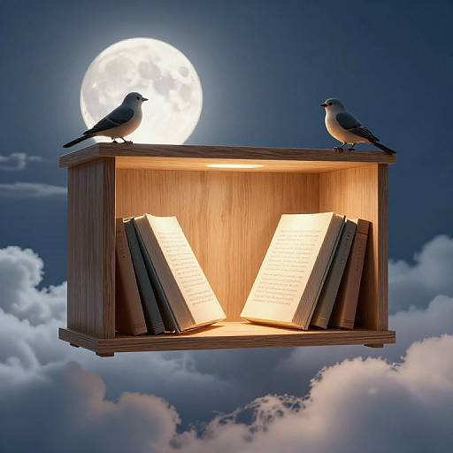 Photograph of a wooden bookshelf with two birds perched on top, illuminated by glowing books, against a full moon and cloudy night sky.
