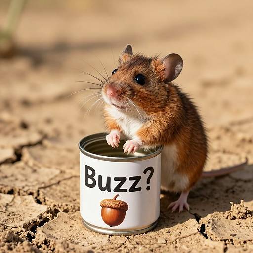 Photograph of a small brown and white hamster standing on its hind legs, pawing a white can labeled 