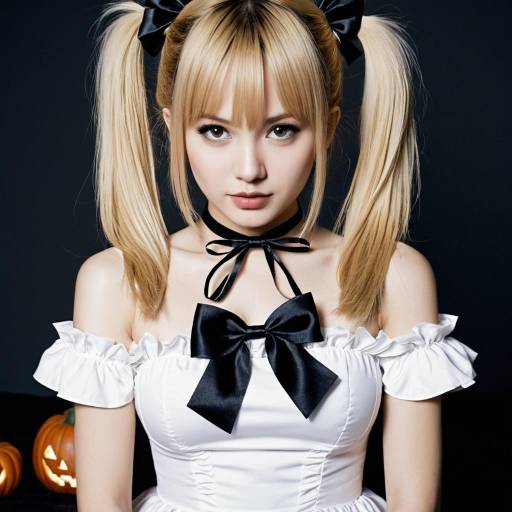 Woman in White Halloween Costume with Black Bows