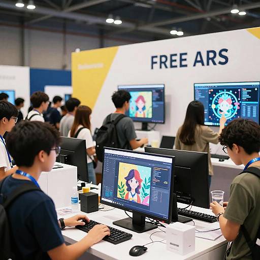 Photograph of a busy tech convention booth with multiple Asian attendees, working on laptops, under a 