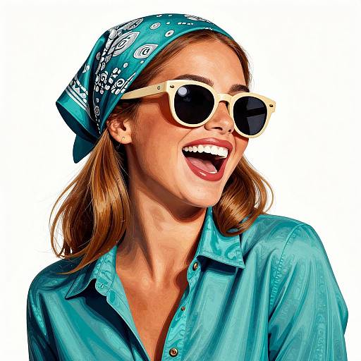 Photograph of a smiling woman with light brown hair, blue bandana, white sunglasses, and turquoise shirt, against a white background.