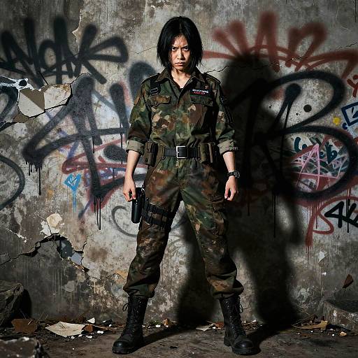 Defiant Rebel Against Crumbling Graffiti Wall