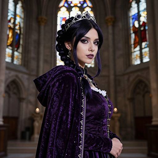 Photograph of a pale-skinned woman with black hair in a gothic-style tiara, wearing a purple velvet cloak and dress, standing in a