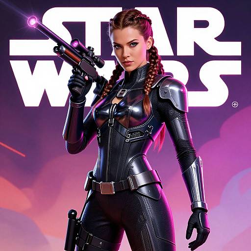Digital artwork of a fierce, brunette woman in a black, armored suit holding a gun, with 