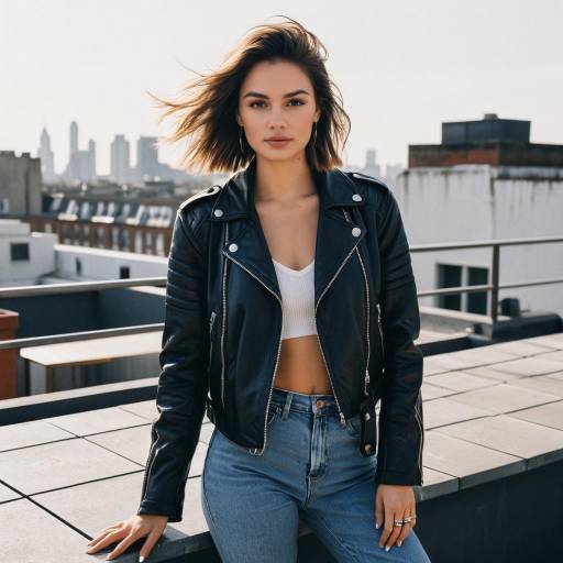 Young Woman in Leather Jacket on Rooftop