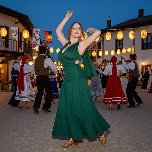 Photograph of a smiling, fair-skinned woman with red hair in a green, sleeveless, floor-length dress, dancing in a twilight village square