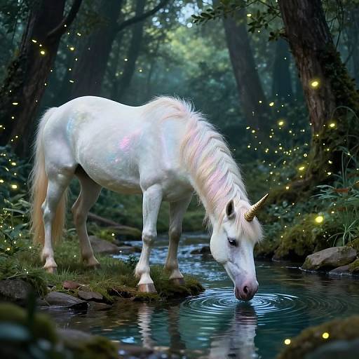 Magical white unicorn with a gold horn drinks from a forest stream, surrounded by glowing fireflies, in a lush, enchanted woodland. Digital artwork.