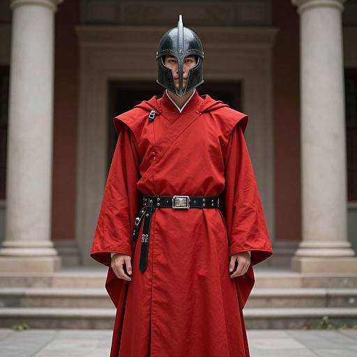 Photograph of a person in a red martial arts robe, black helmet with a metal visor, standing in front of a classical building with columns.