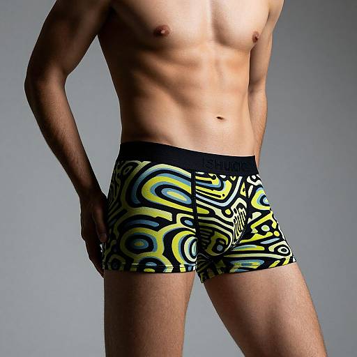 Photograph of a muscular, shirtless man wearing colorful, patterned boxer briefs with abstract yellow, blue, and black designs. Background is plain