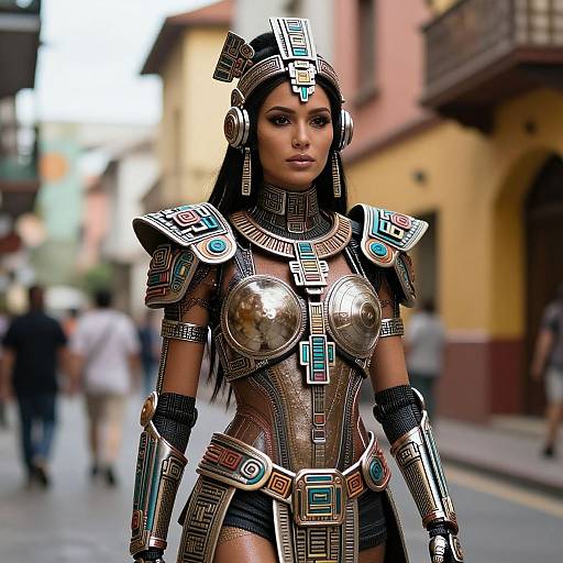 Photograph-style CGI of a stunning, dark-skinned woman in elaborate, metallic Aztec-inspired armor with reflective breastplates, standing confidently on a colorful