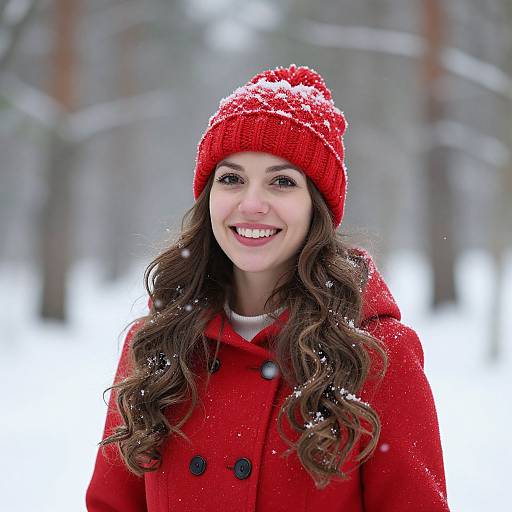 Photograph of a smiling woman with long wavy brown hair, wearing a red knit beanie and coat, standing in a snowy forest.