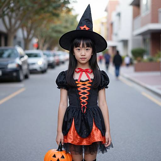 Asian girl in black witch costume with orange accents, black hat, holding pumpkin, standing on suburban street, daytime photograph.