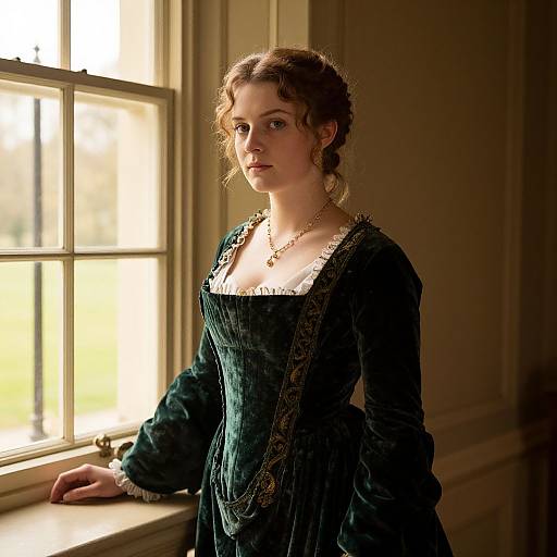 Photograph of a young woman with fair skin and curly brown hair, wearing a dark green velvet dress with lace trim, standing by a sunlit window