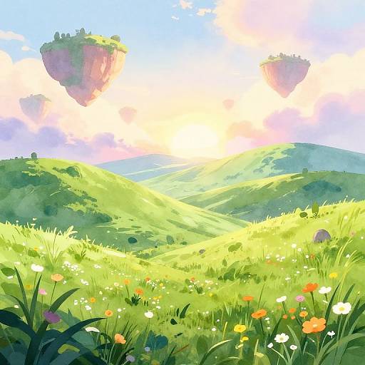 Digital painting of a vibrant, sunlit meadow with colorful wildflowers, rolling green hills, and two floating island-like formations in a bright blue sky