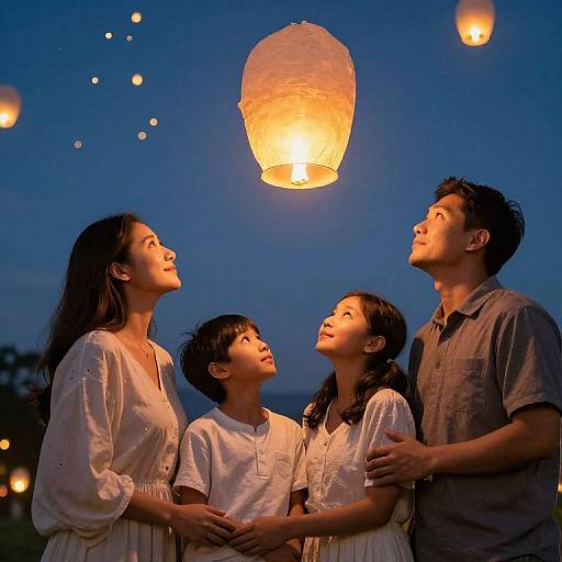 Photograph of an Asian family of four, dressed in white, gazing at a glowing paper lantern at dusk, hands gently touching.