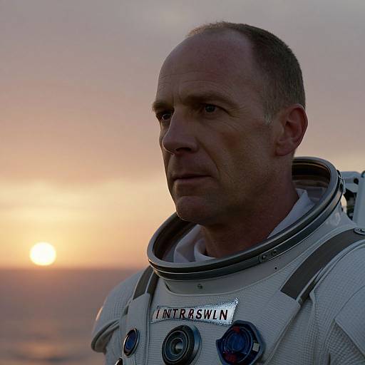 Photograph of a serious middle-aged man in a white astronaut suit with 