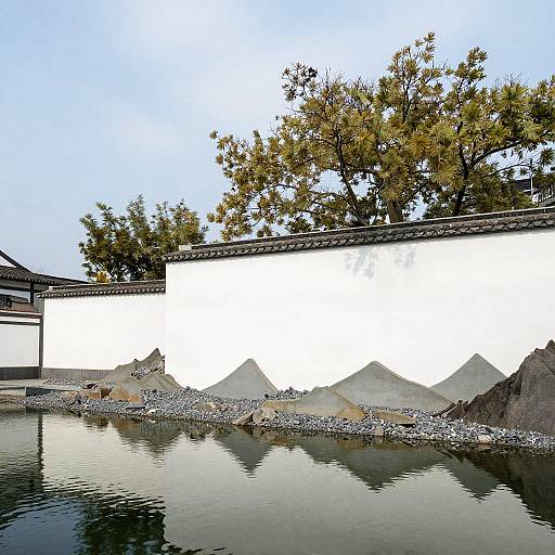 Photograph of traditional Japanese white wall with black trim, reflecting in calm water, surrounded by gravel mounds and autumn trees.