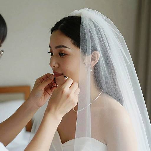Photograph of a bride with medium skin tone, dark hair, and a white veil, adjusting her lips with manicured hands, wearing a pearl necklace