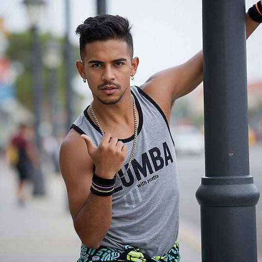 Photograph of a muscular, tan-skinned man with short black hair, wearing a gray 
