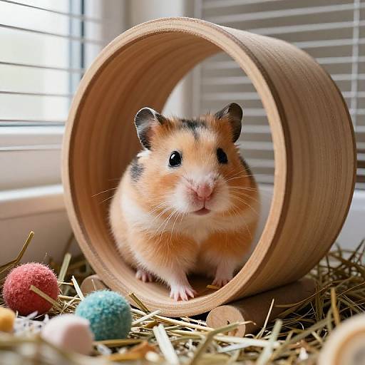 Photograph of a cute, calico hamster with black and orange fur, peeking from a wooden tunnel surrounded by colorful yarn balls and straw on