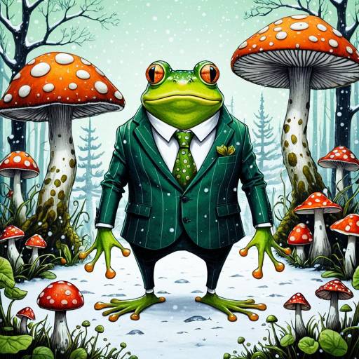 Anthropomorphic Frog in Quirky Suit Among Fantasy Mushrooms