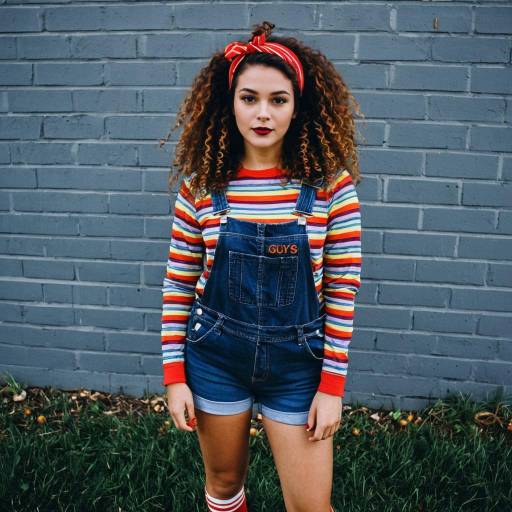 Young Woman in Colorful Striped Shirt and Denim Overalls