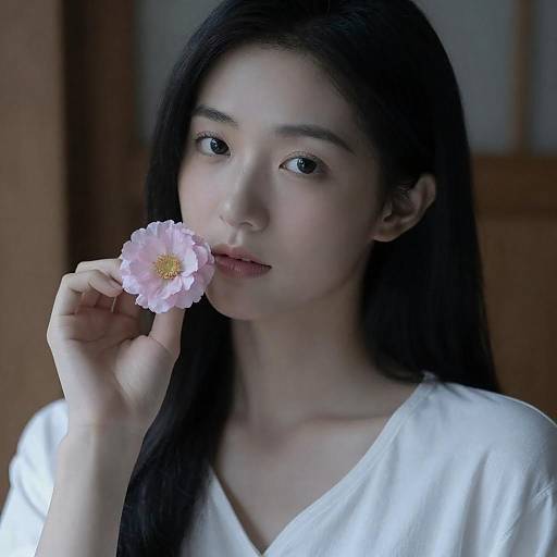 Serene Asian Woman with Pink Flower